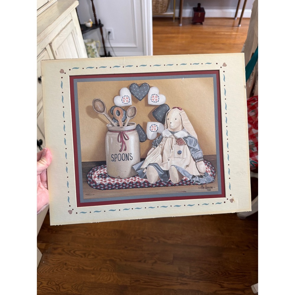 Pat Pearson 1990 Vintage Country Folk Art Bunny Spoons Crock Print Matted Art